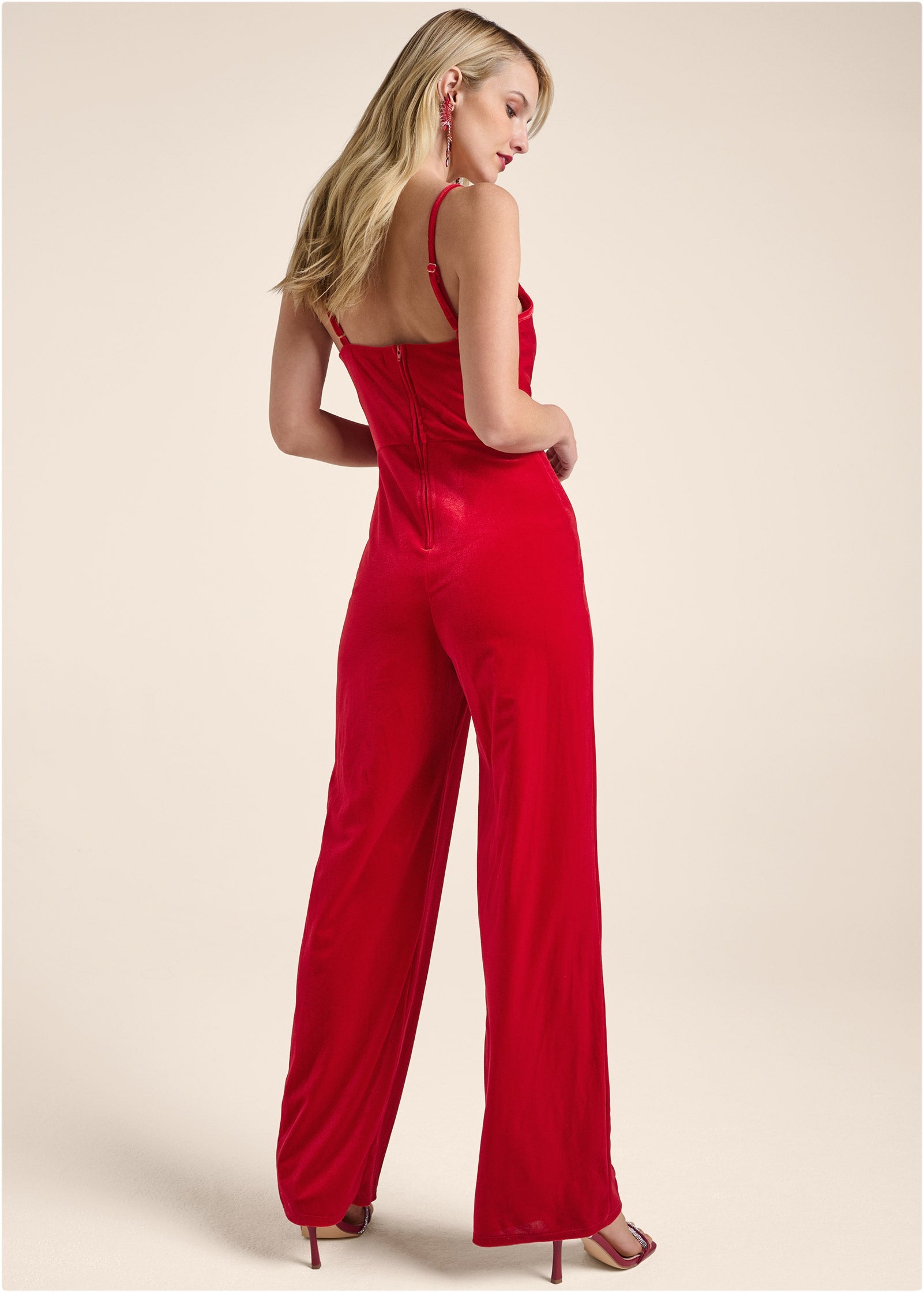 Velvet Cowl-Neck Jumpsuit - Red - Image 2