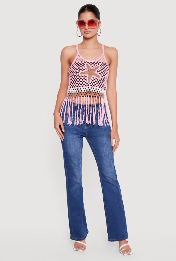 Starfish Graphic Fringe Hem Crochet Crop Top
