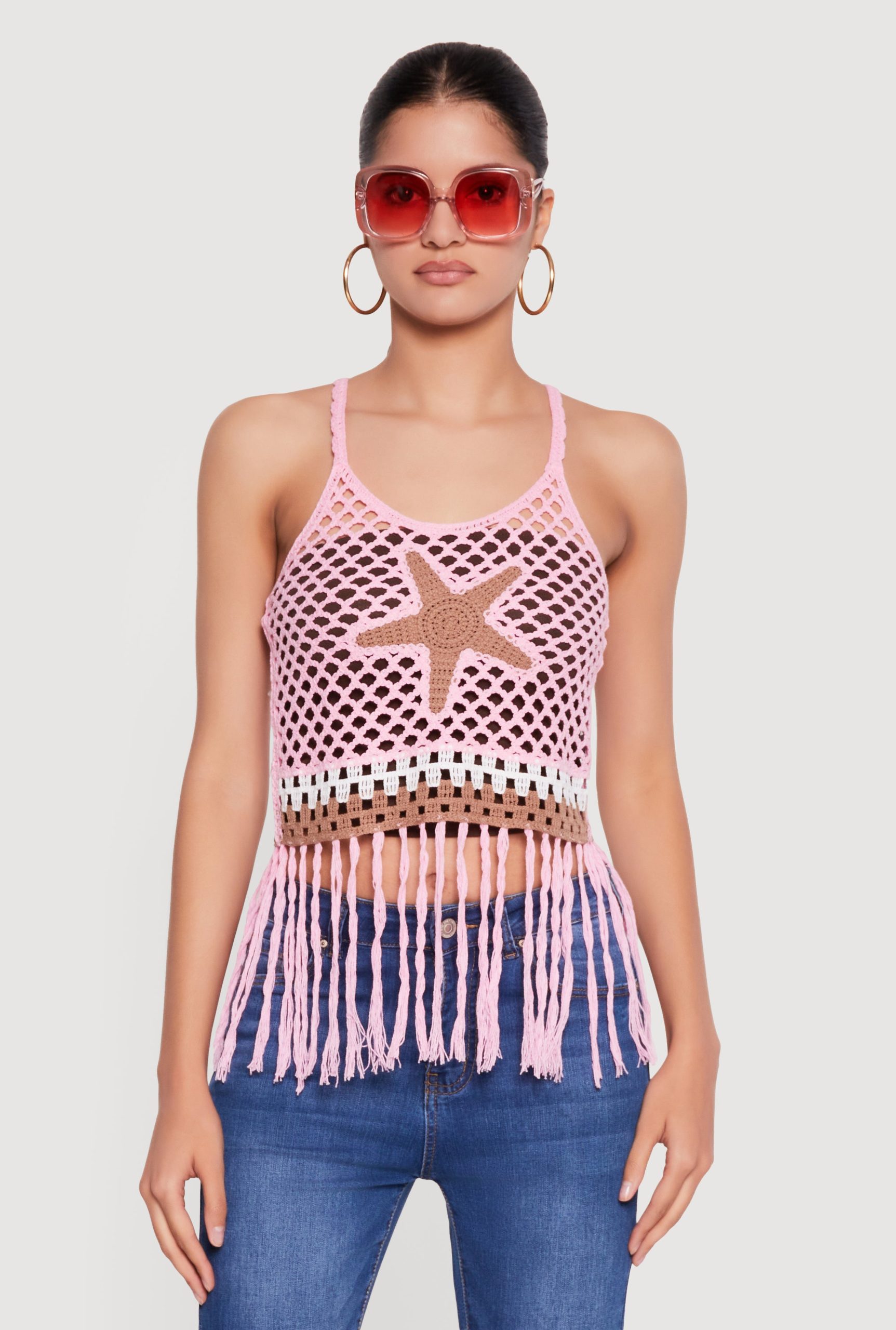 Starfish Graphic Fringe Hem Crochet Crop Top - Image 2