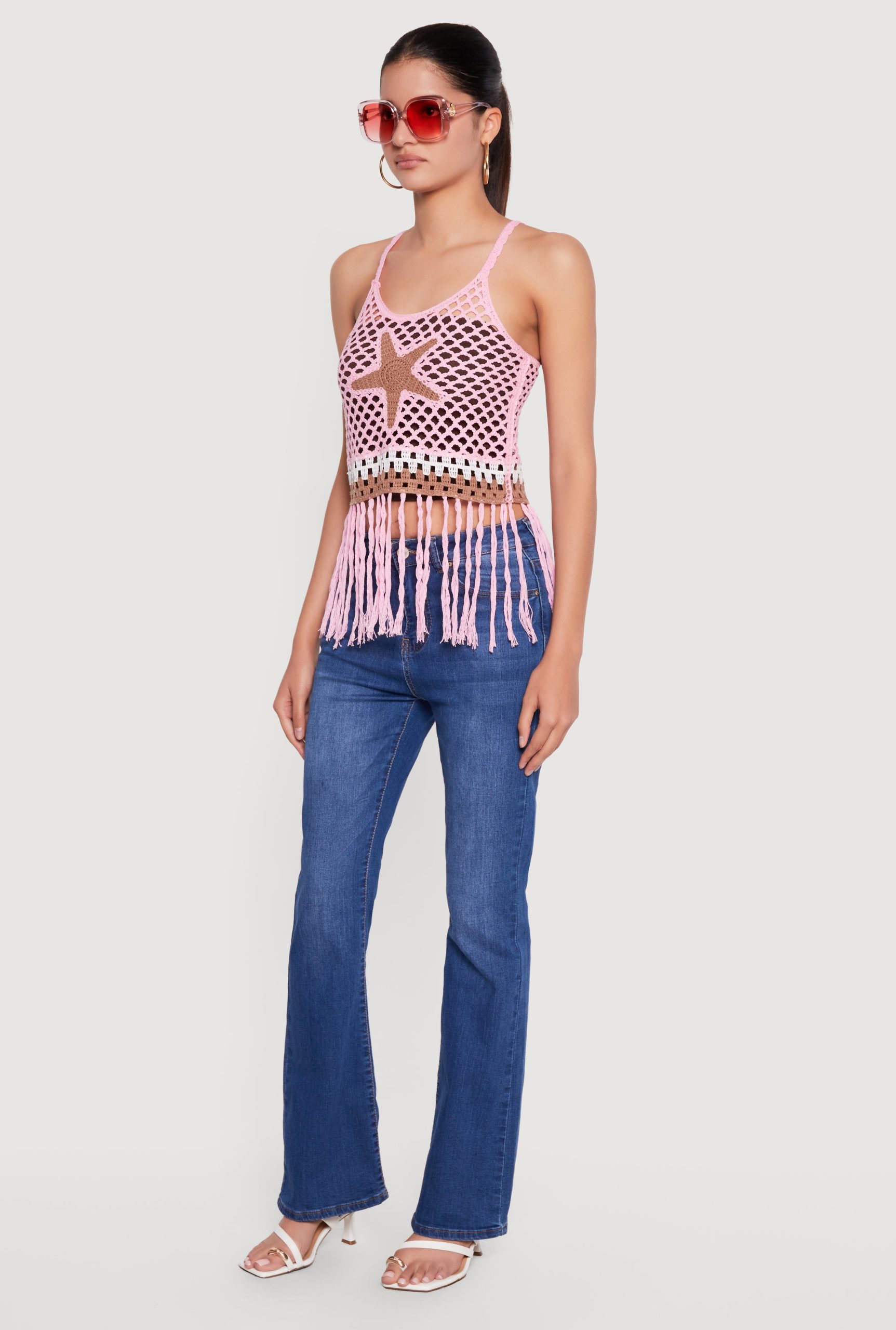 Starfish Graphic Fringe Hem Crochet Crop Top - Image 3
