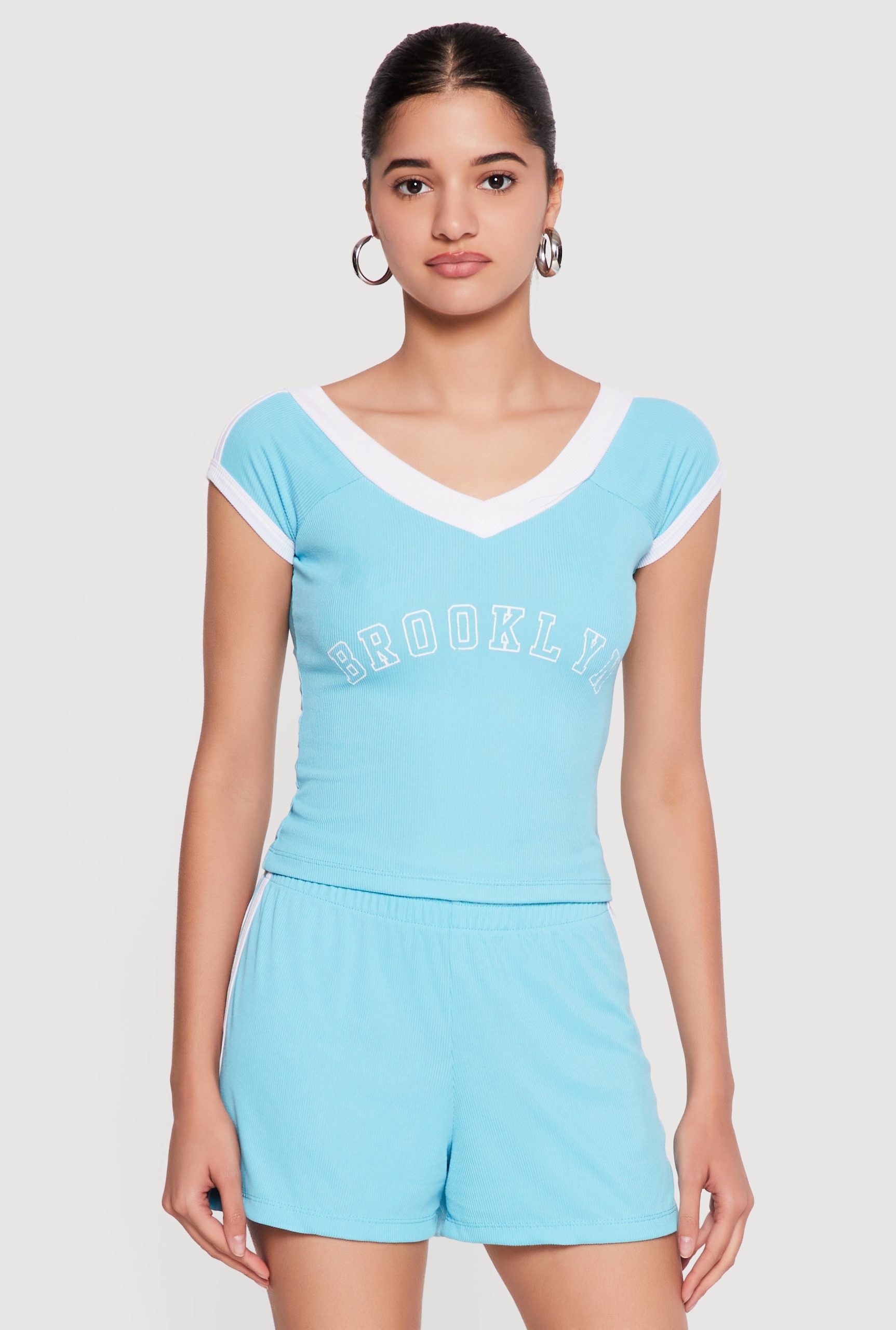Contrast Trim Brooklyn Graphic V Neck Tee - Image 1