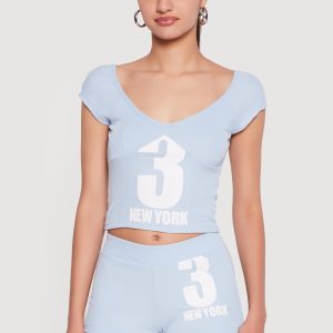 3 New York Graphic V Neck Crop Top