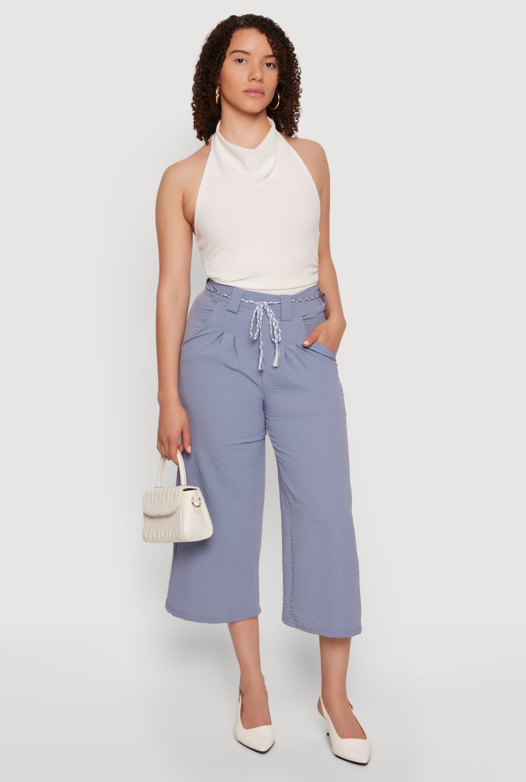 Crepe Knit Pleated High Waisted Capris Pants - Image 1