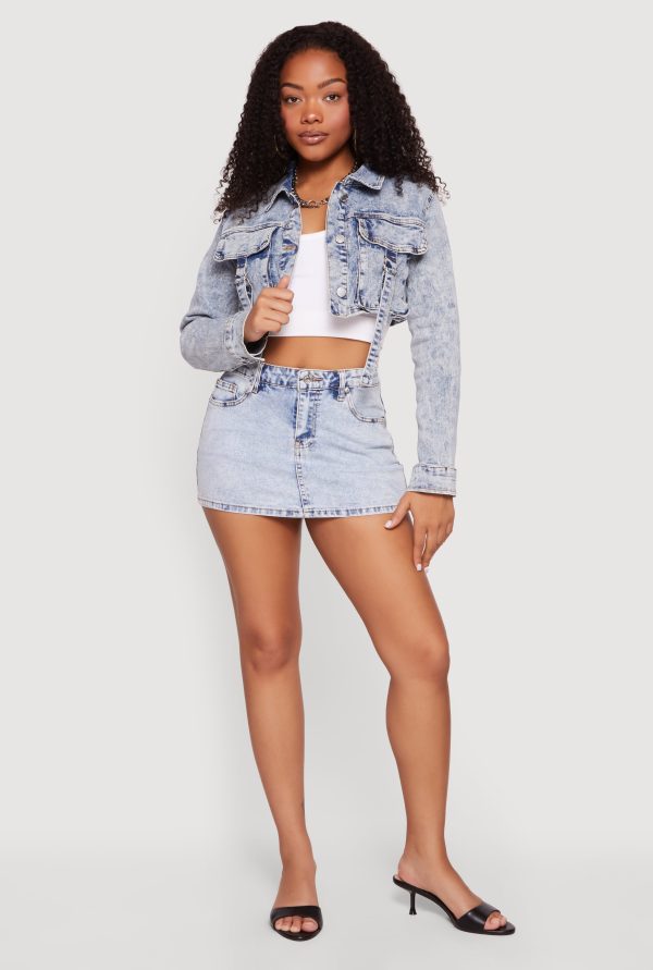Stone Wash Cargo Pocket Cropped Denim Jacket