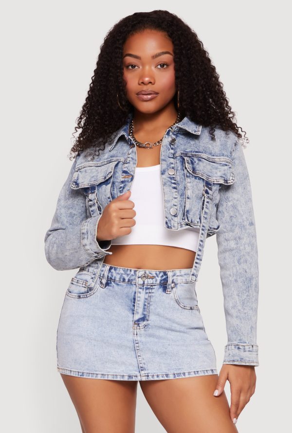 Stone Wash Cargo Pocket Cropped Denim Jacket
