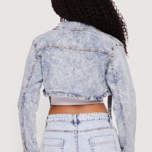 Stone Wash Cargo Pocket Cropped Denim Jacket - Image 5
