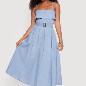 Chambray Sleeveless Maxi Dress with Buckle Belt