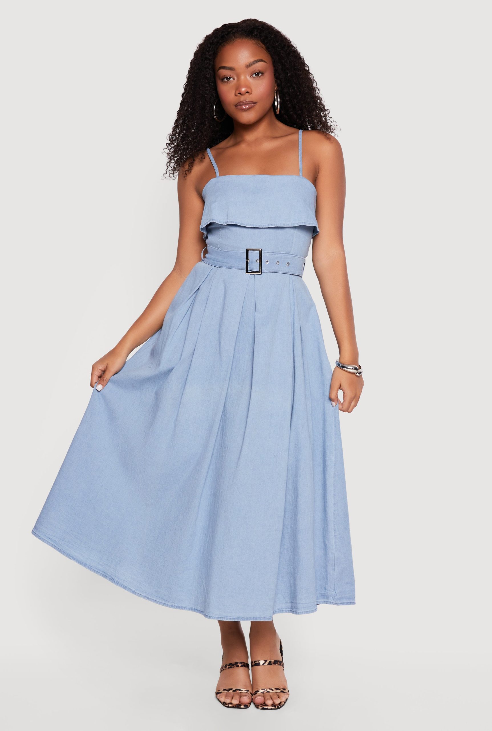Chambray Sleeveless Maxi Dress with Buckle Belt - Image 1