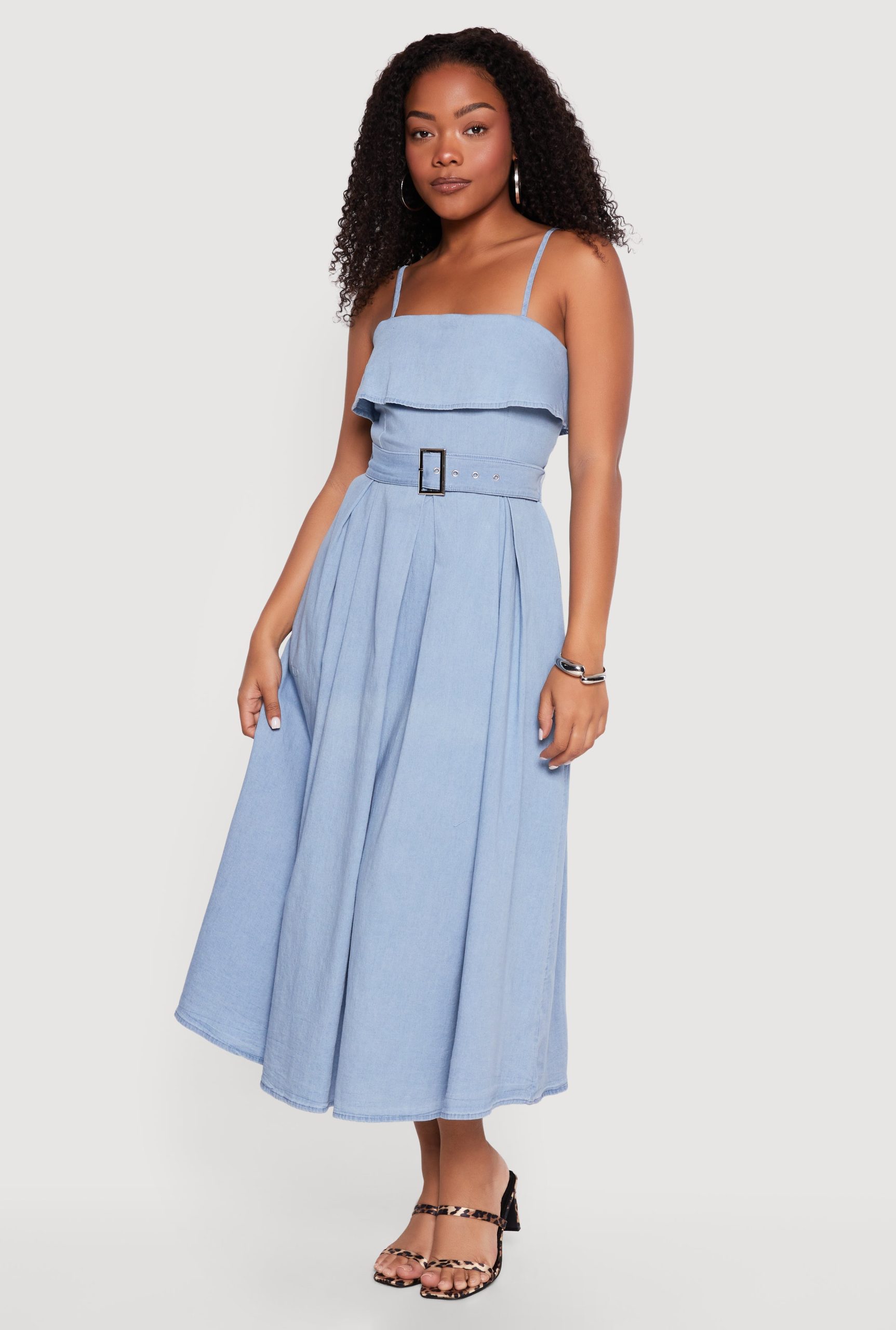Chambray Sleeveless Maxi Dress with Buckle Belt - Image 2