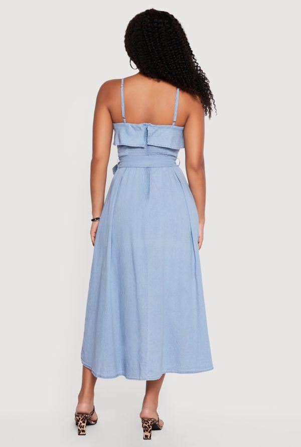 Chambray Sleeveless Maxi Dress with Buckle Belt