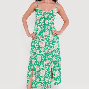 Floral Front Slit Keyhole Detail Midi Dress