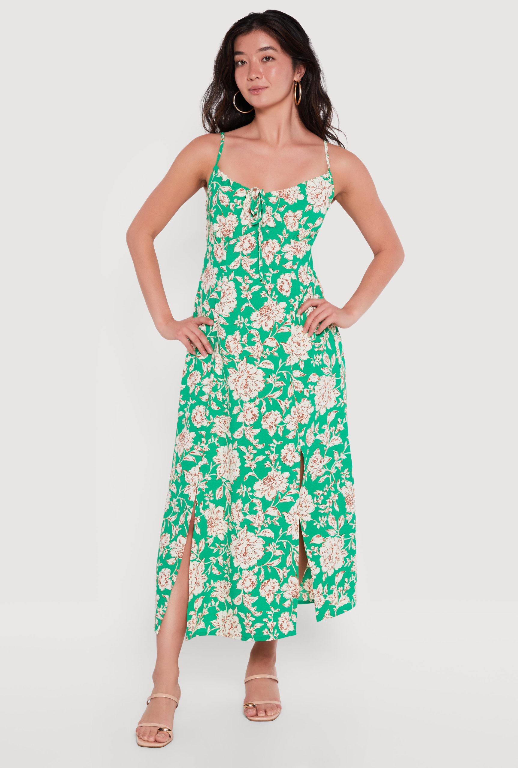Floral Front Slit Keyhole Detail Midi Dress - Image 1
