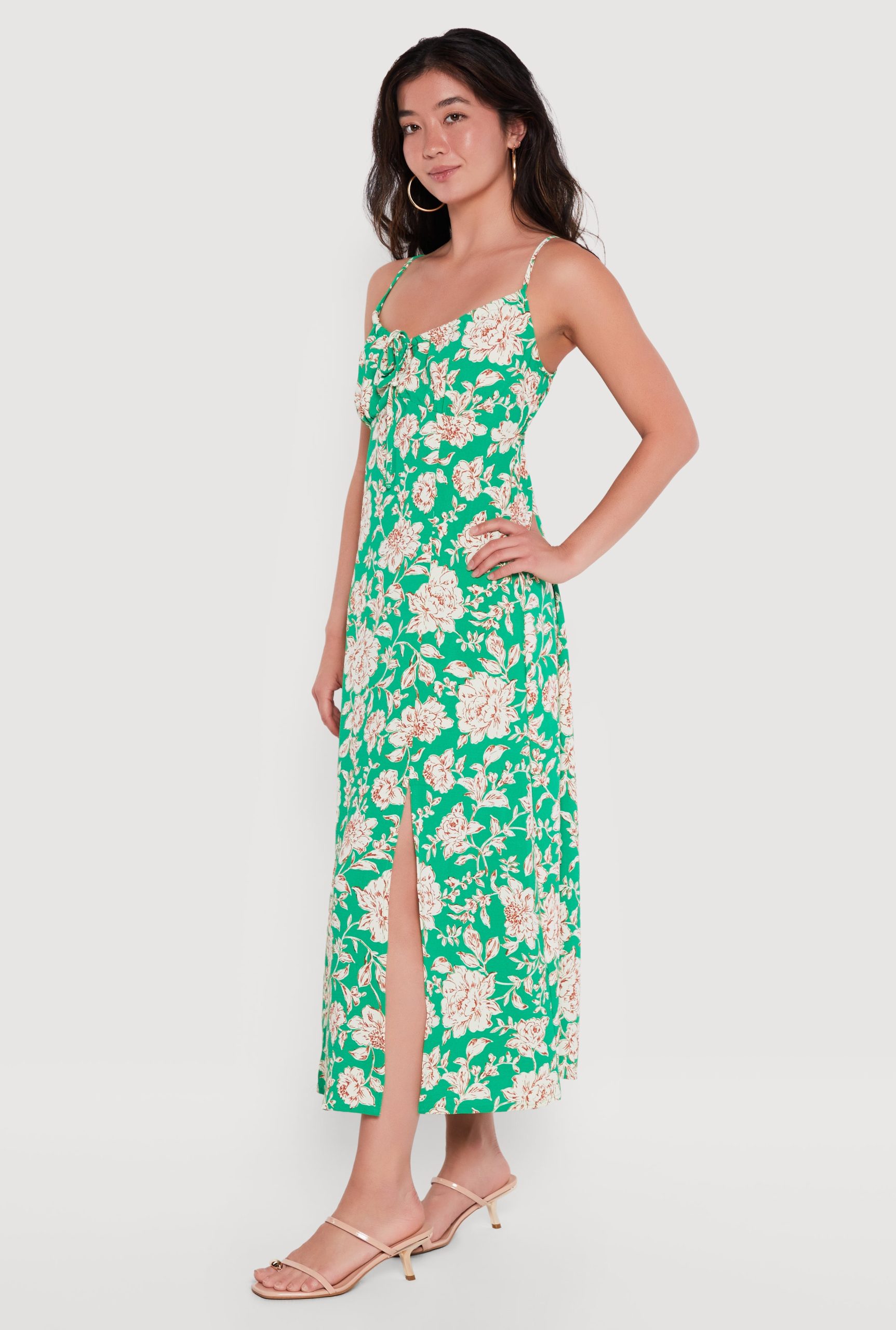 Floral Front Slit Keyhole Detail Midi Dress - Image 2