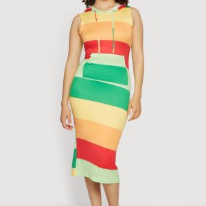 Striped Sleeveless Hooded Midi Dress