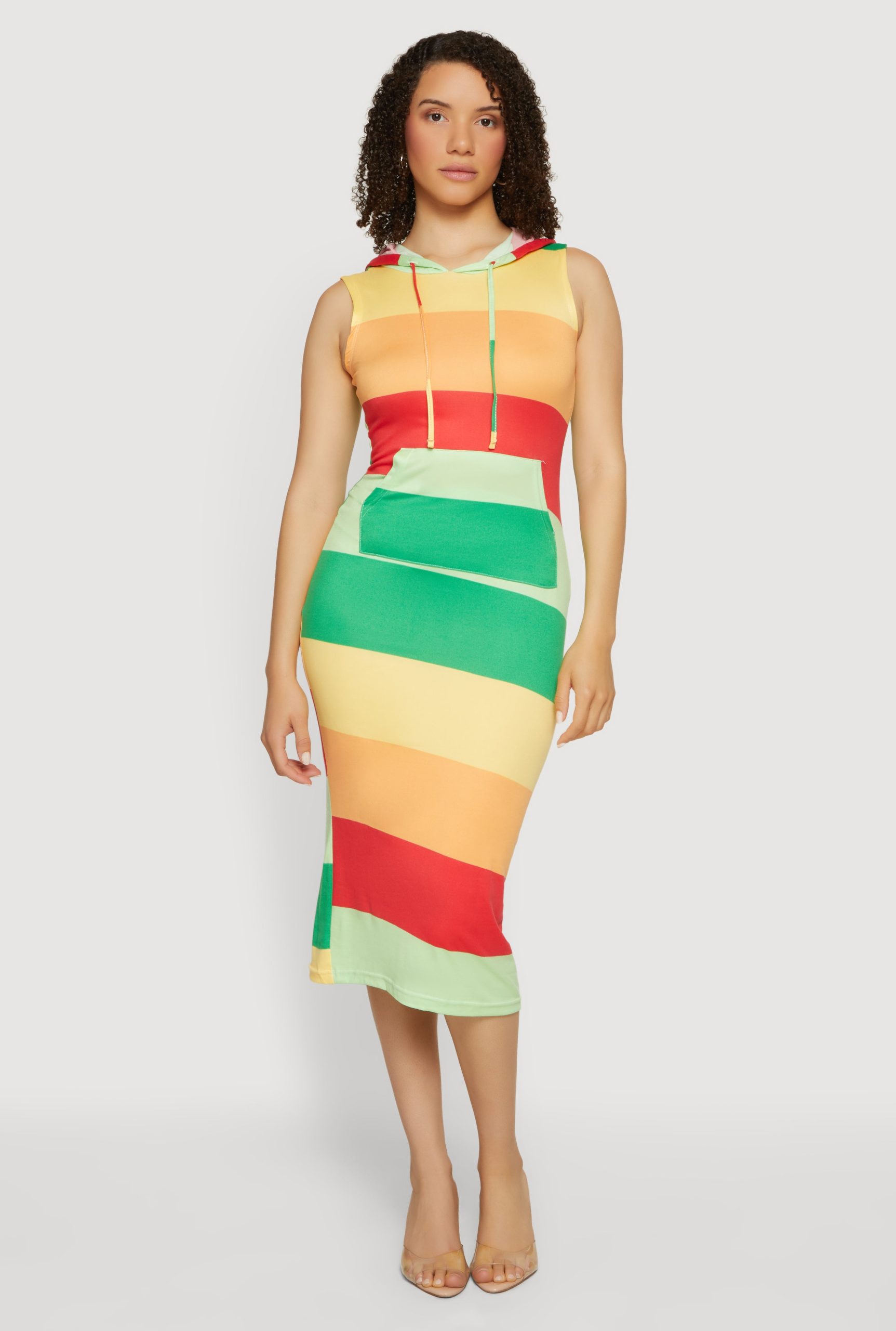 Striped Sleeveless Hooded Midi Dress - Image 1