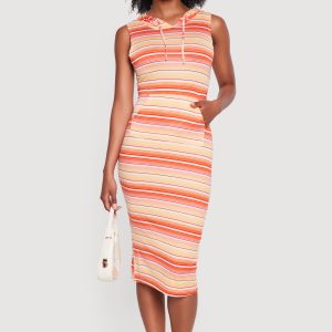 Striped Hooded Sleeveless Midi Dress