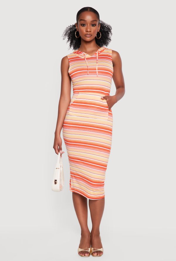 Striped Hooded Sleeveless Midi Dress