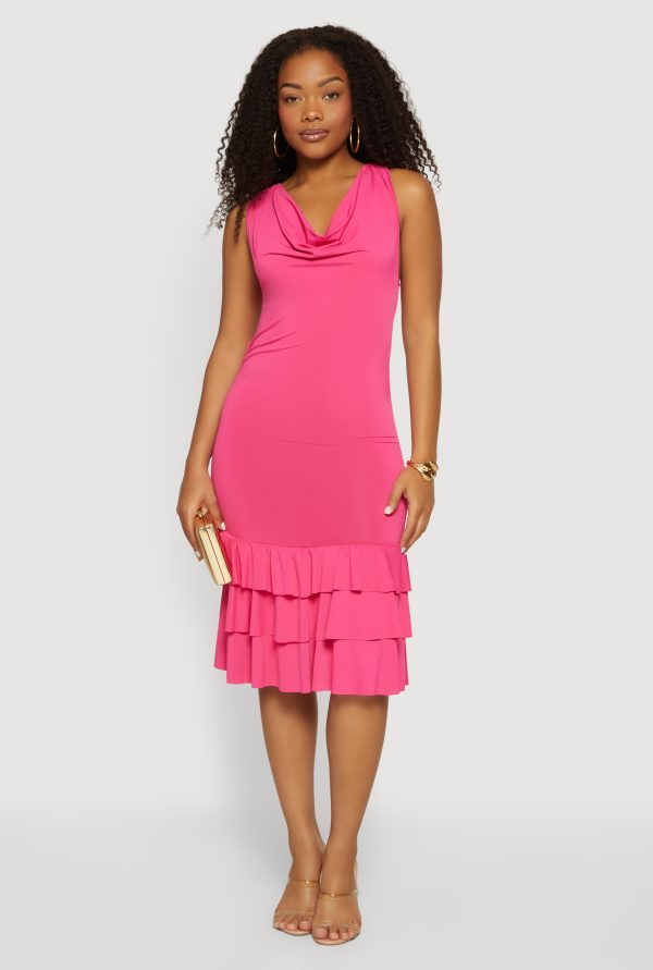 Cowl Halter Neck Tiered Ruffle Hem Midi Dress