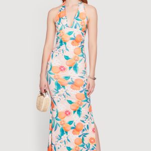 Floral Tangerine Print Tie Back Halter Neck Mermaid Dress
