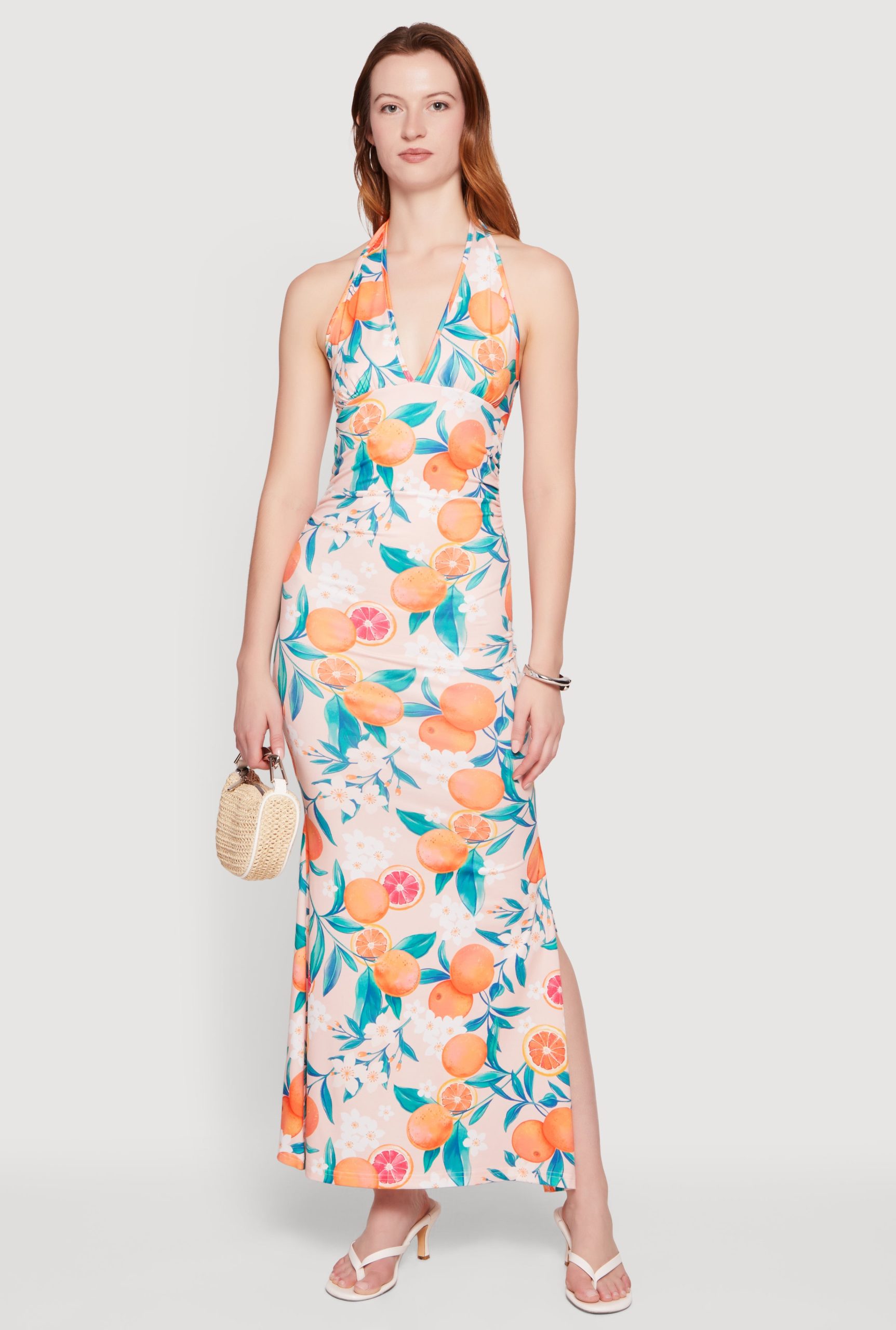 Floral Tangerine Print Tie Back Halter Neck Mermaid Dress - Image 1