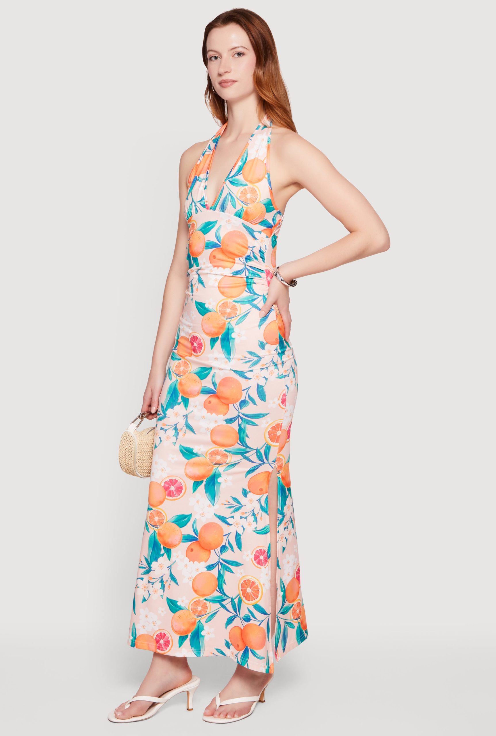 Floral Tangerine Print Tie Back Halter Neck Mermaid Dress - Image 2