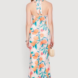 Floral Tangerine Print Tie Back Halter Neck Mermaid Dress - Image 3