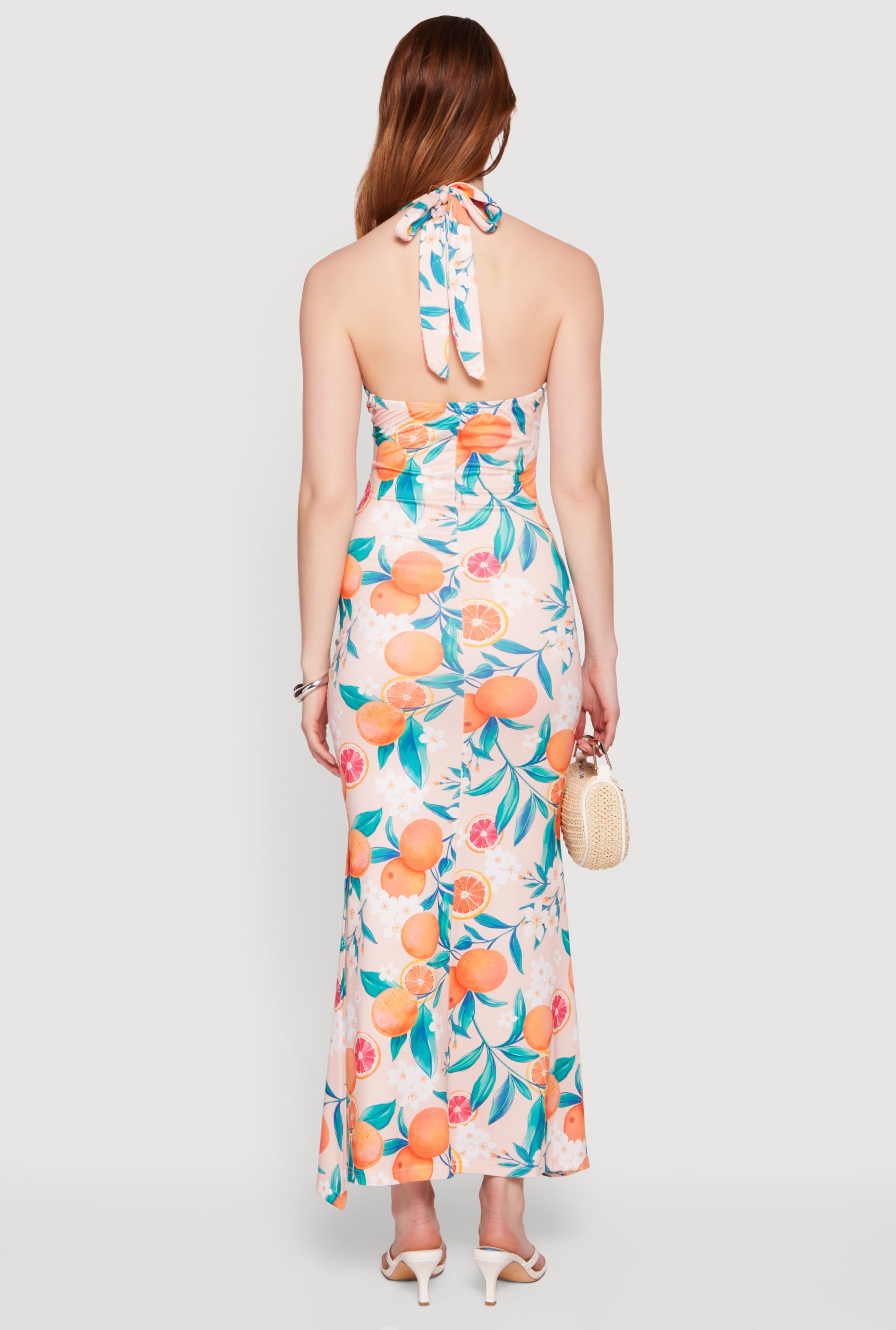 Floral Tangerine Print Tie Back Halter Neck Mermaid Dress - Image 3