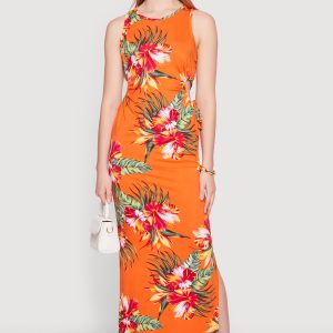 Floral Drawstring Side Detail Side Slit Maxi Dress