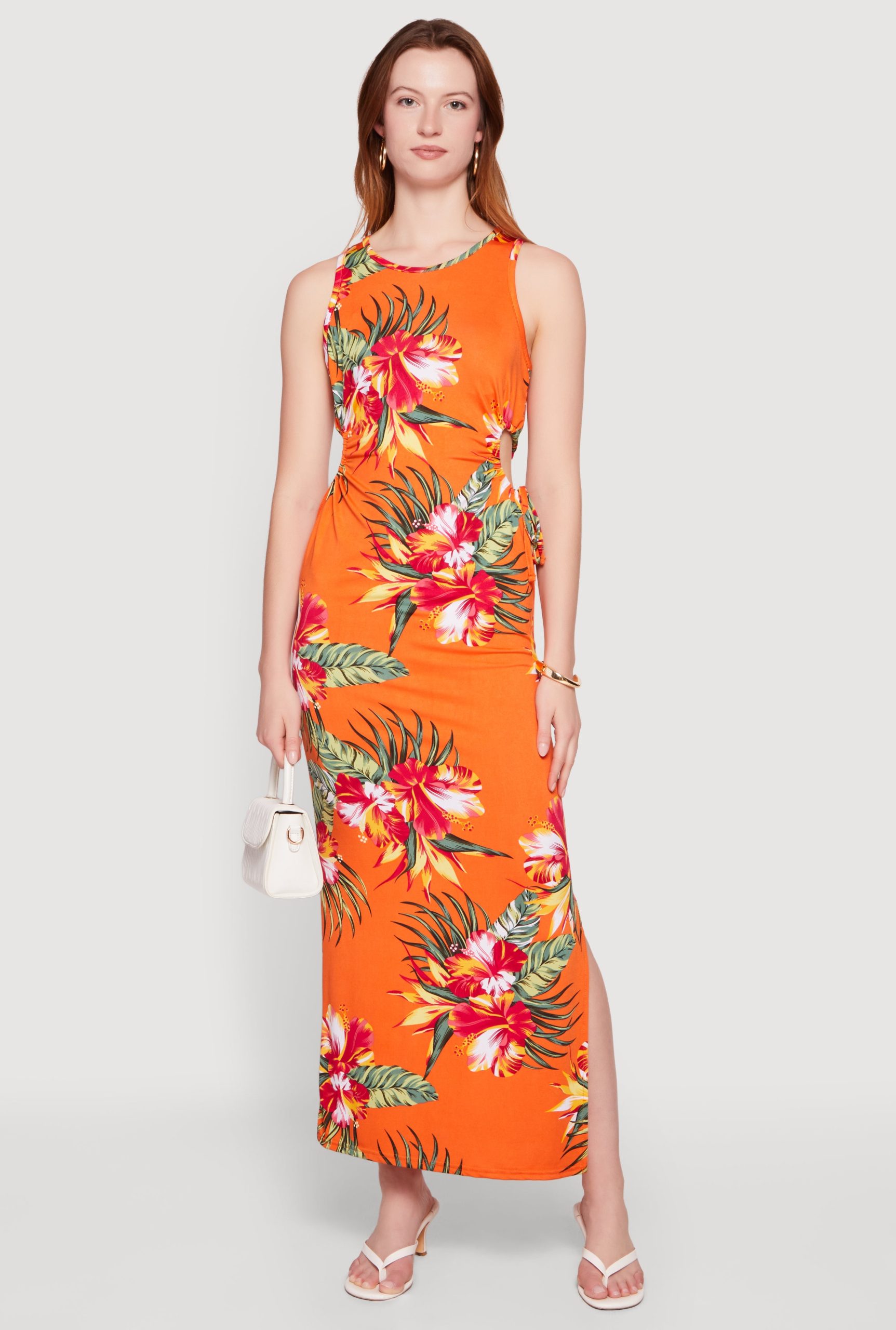 Floral Drawstring Side Detail Side Slit Maxi Dress - Image 1