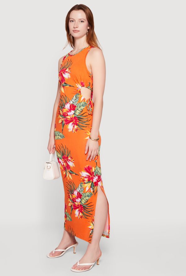 Floral Drawstring Side Detail Side Slit Maxi Dress