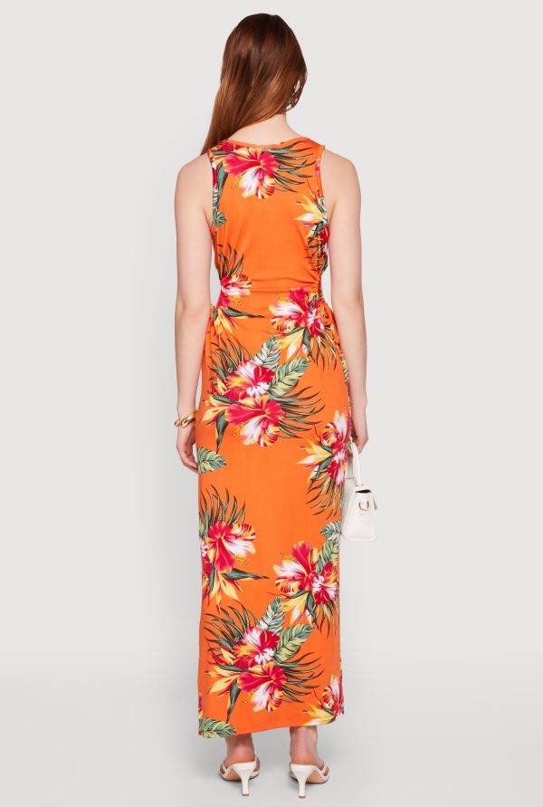 Floral Drawstring Side Detail Side Slit Maxi Dress