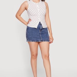 Sleeveless Polka Dot Button Front High Neck Top