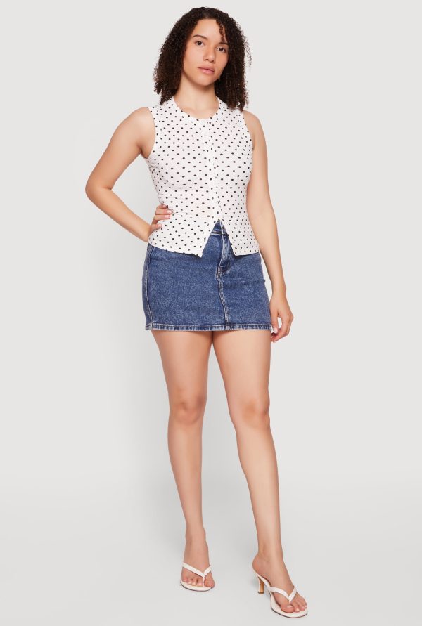 Sleeveless Polka Dot Button Front High Neck Top