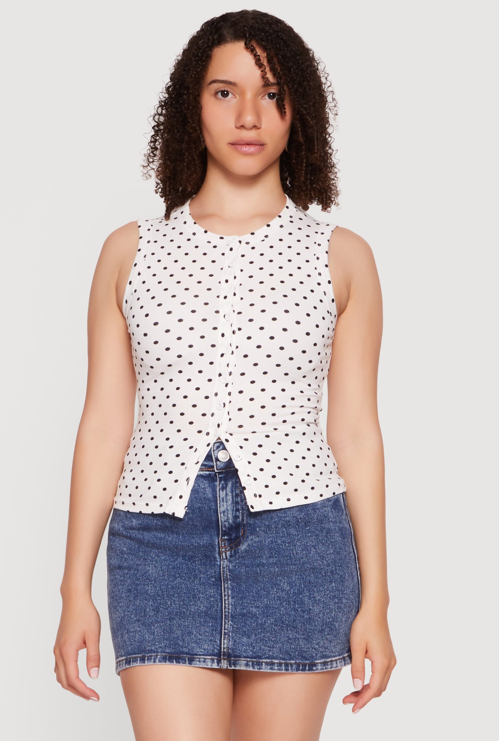 Sleeveless Polka Dot Button Front High Neck Top - Image 2