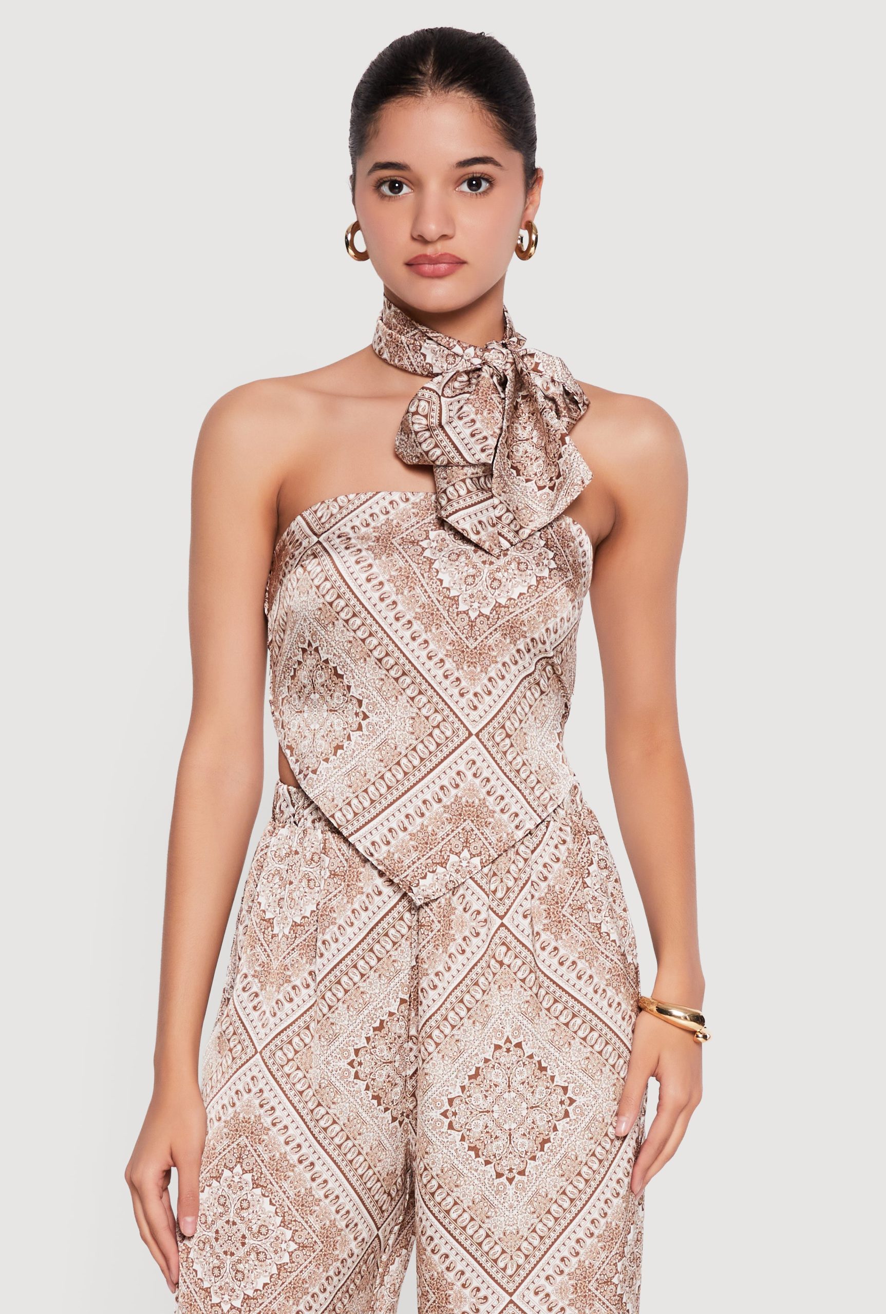 Satin Bandana Print Tube Top with Scarf - Image 1