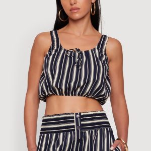 Sleeveless Striped Crop Top with Tie Front Detail