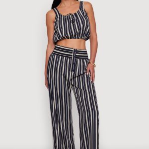 Sleeveless Striped Crop Top with Tie Front Detail - Image 2