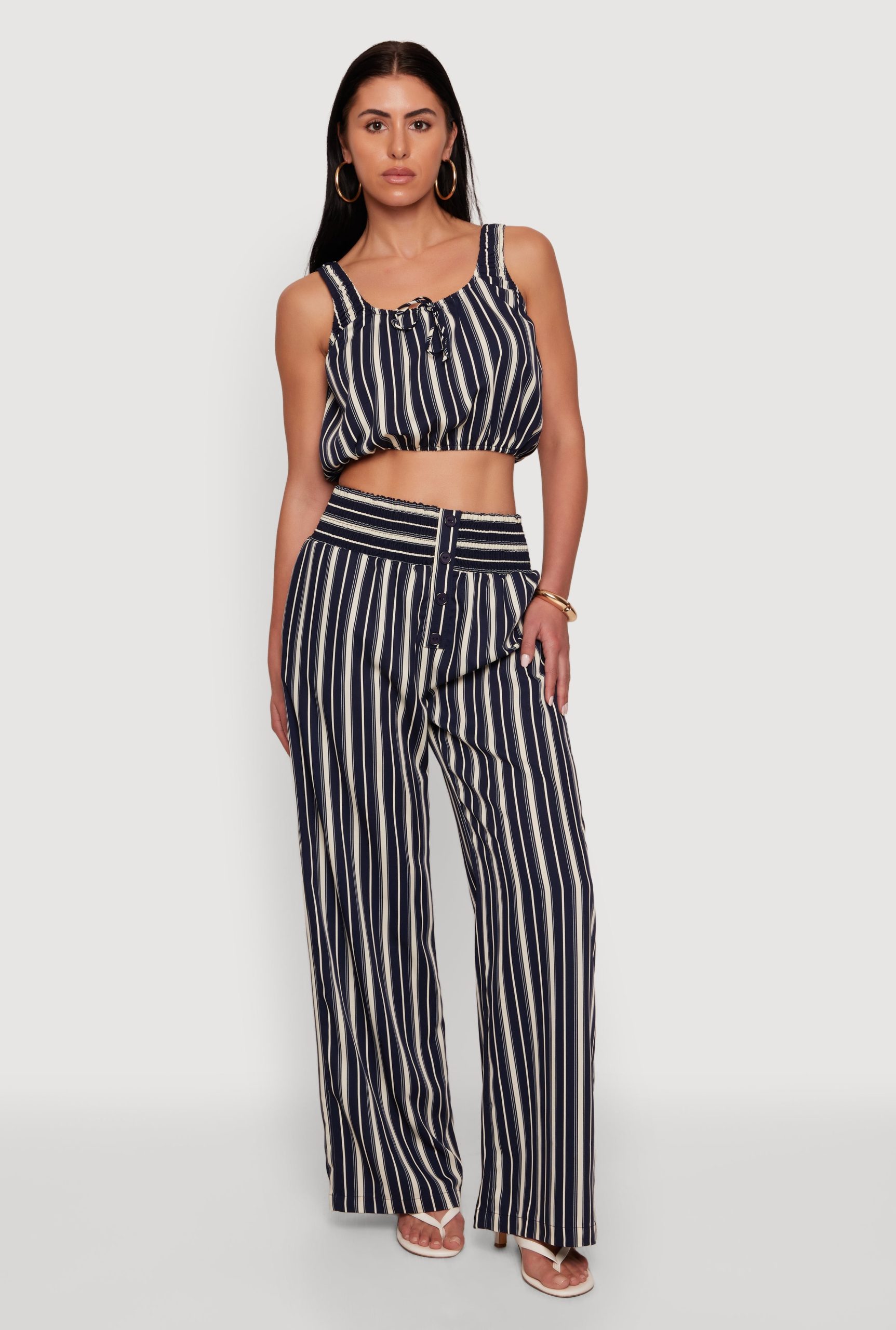Sleeveless Striped Crop Top with Tie Front Detail - Image 2