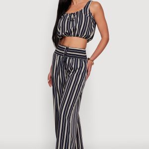 Sleeveless Striped Crop Top with Tie Front Detail - Image 3