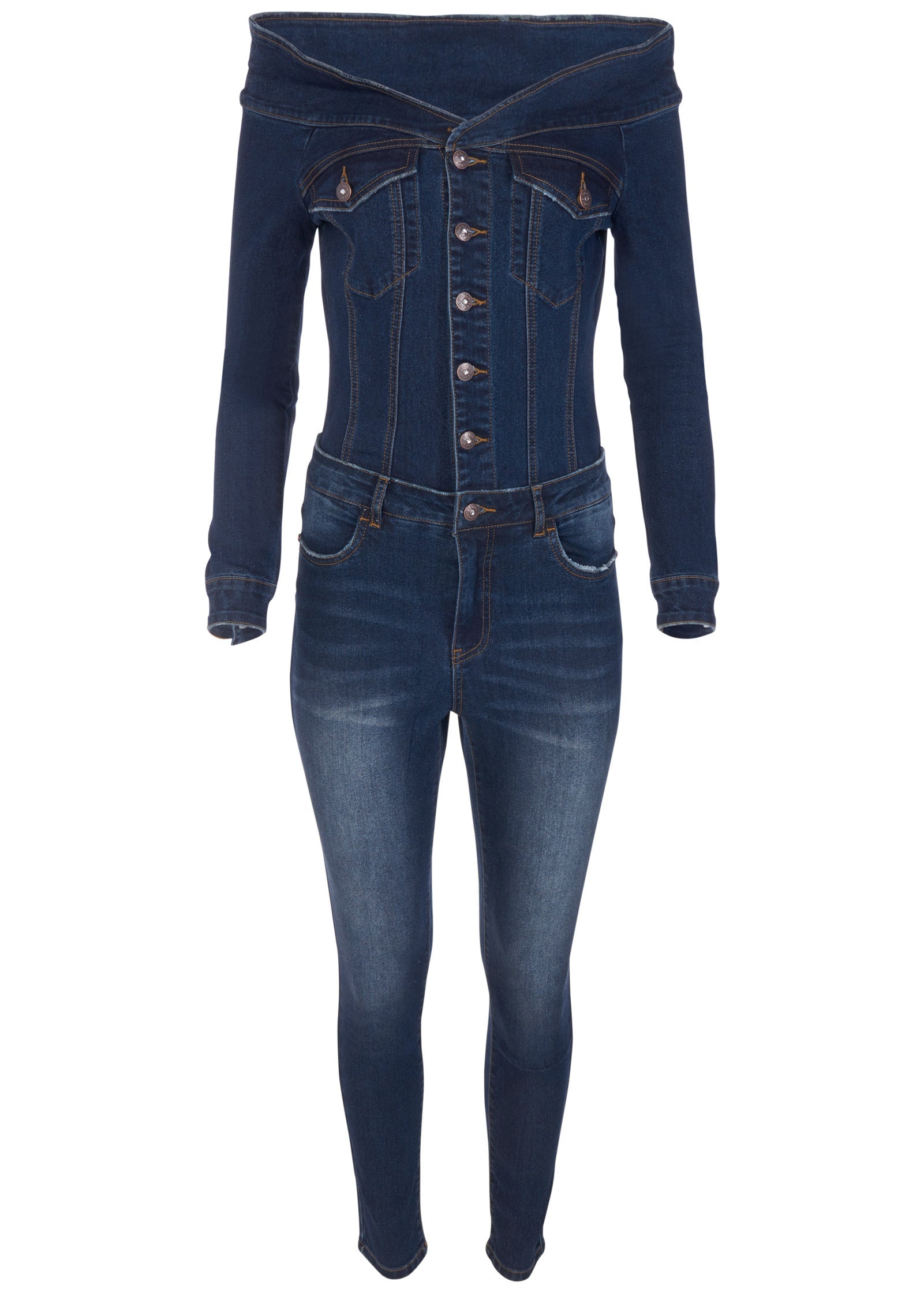 Off-The-Shoulder Denim Jumpsuit - Dark Wash - Image 5