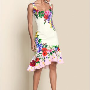 Ruffle Trim Detail Dress - White Multi - Image 2