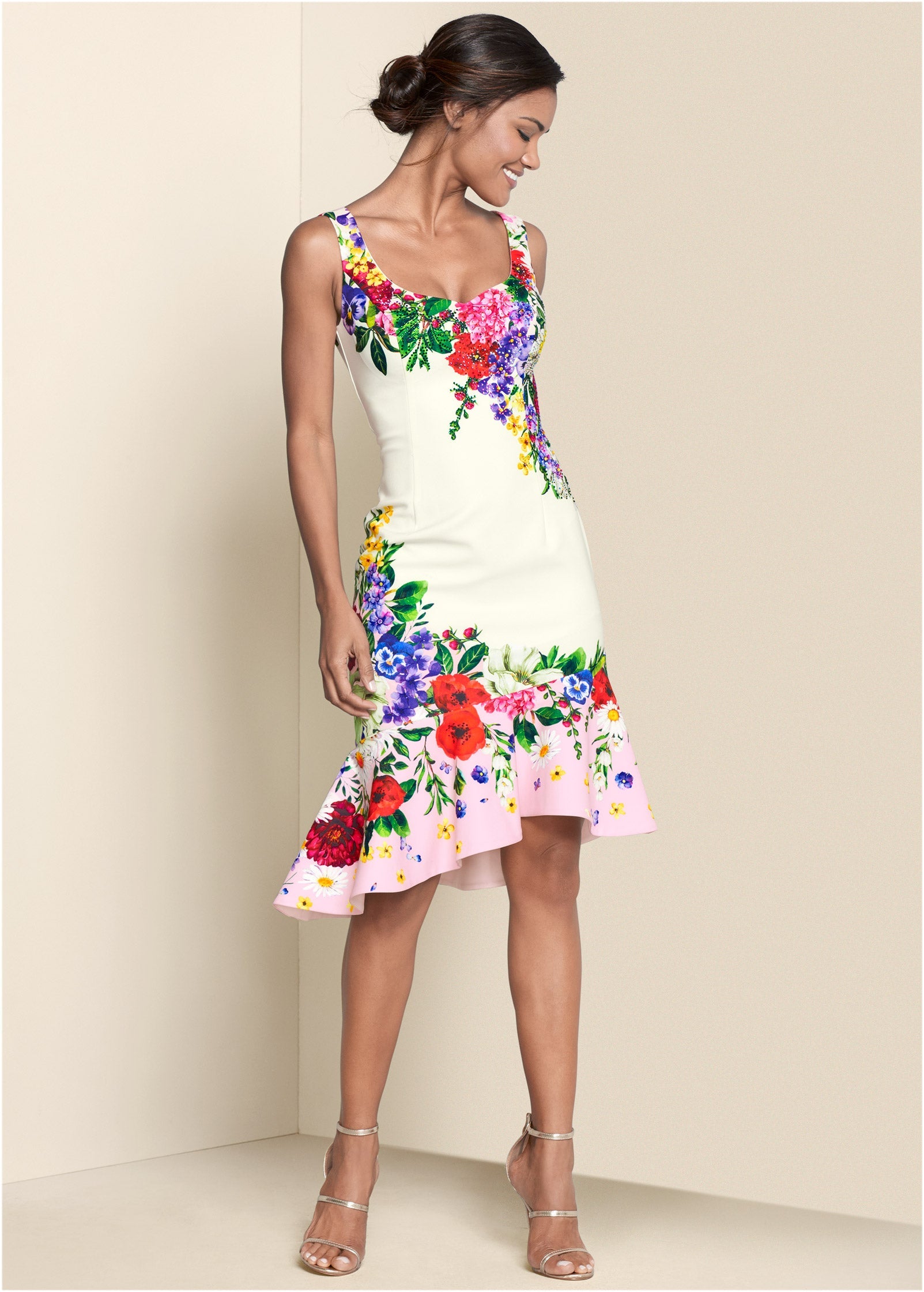 Ruffle Trim Detail Dress - White Multi - Image 2