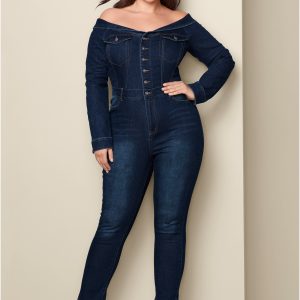 Off-The-Shoulder Denim Jumpsuit - Dark Wash - Image 10