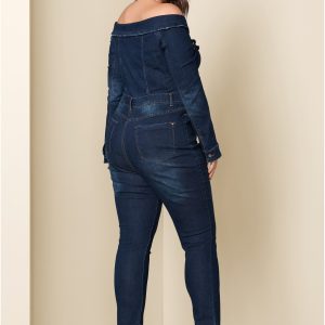 Off-The-Shoulder Denim Jumpsuit - Dark Wash - Image 11