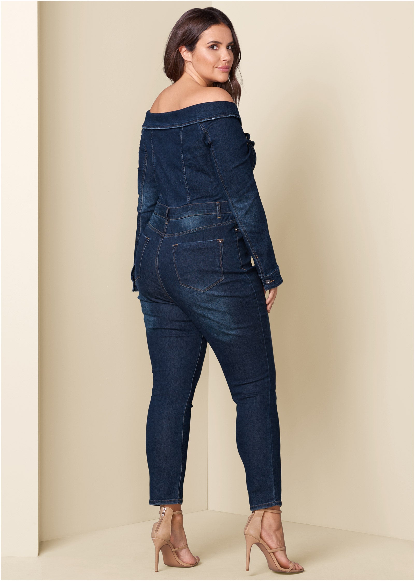 Off-The-Shoulder Denim Jumpsuit - Dark Wash - Image 11