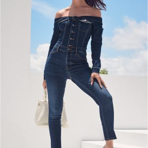 Off-The-Shoulder Denim Jumpsuit - Dark Wash - Image 7