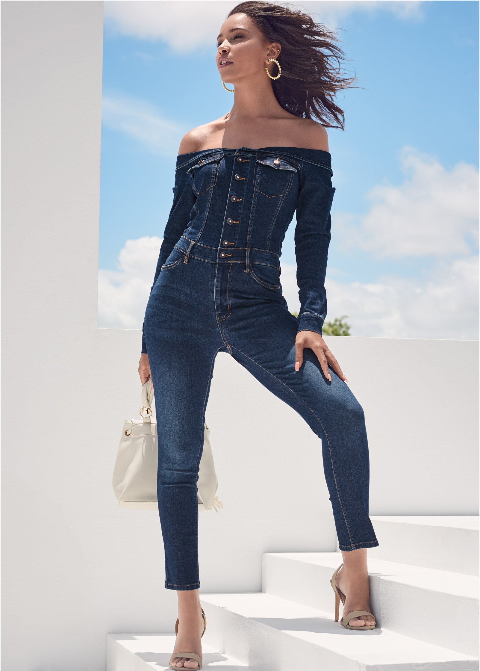 Off-The-Shoulder Denim Jumpsuit - Dark Wash - Image 7