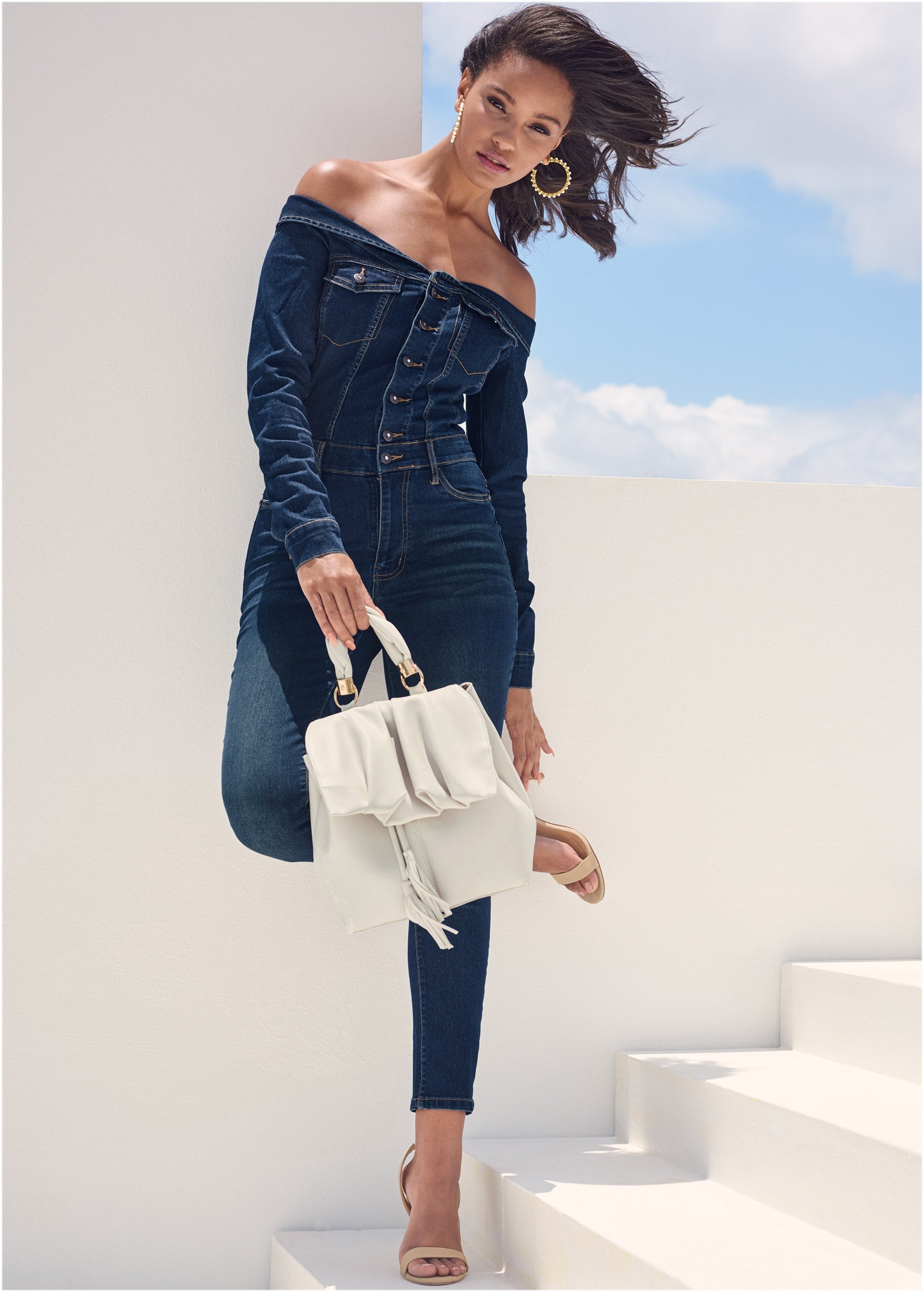 Off-The-Shoulder Denim Jumpsuit - Dark Wash - Image 8