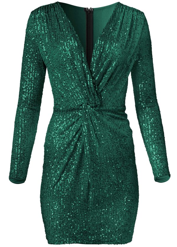 Twist-Front Sequin Dress - Dark Green