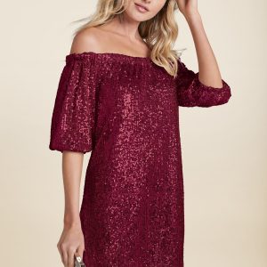 Sequin Off-The-Shoulder Dress - Red - Image 2